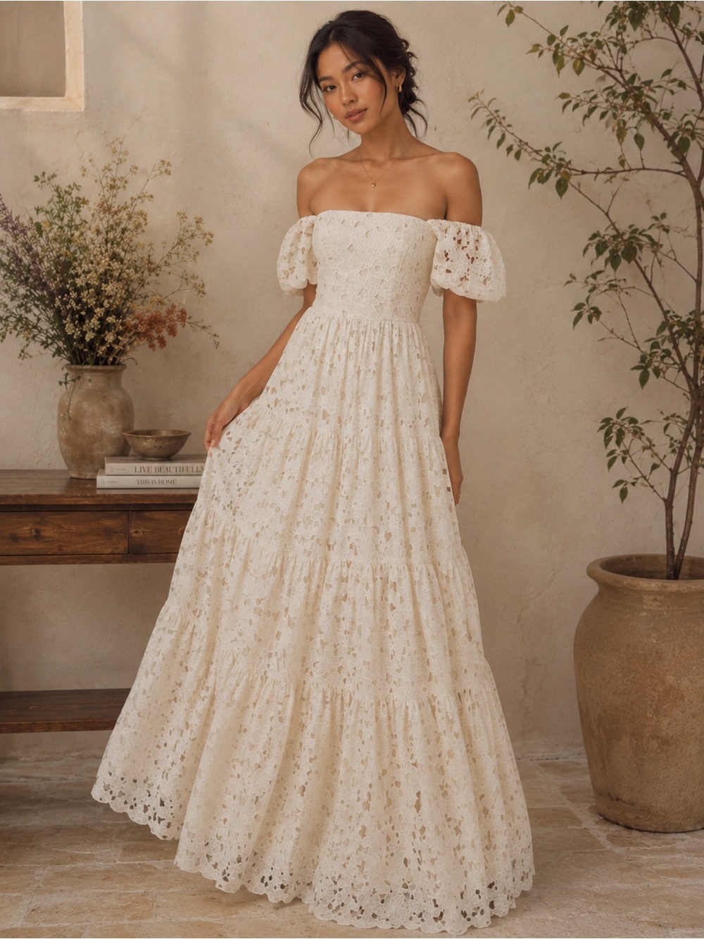 cara cara White with eyelets and a scalloped floral print maxi dress size s